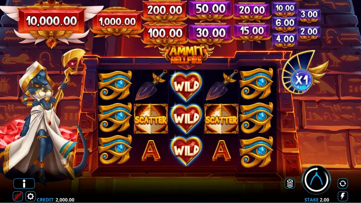 Tampilan visual slot Ammit Hellfire dengan tema dewi Mesir dan simbol kekayaan