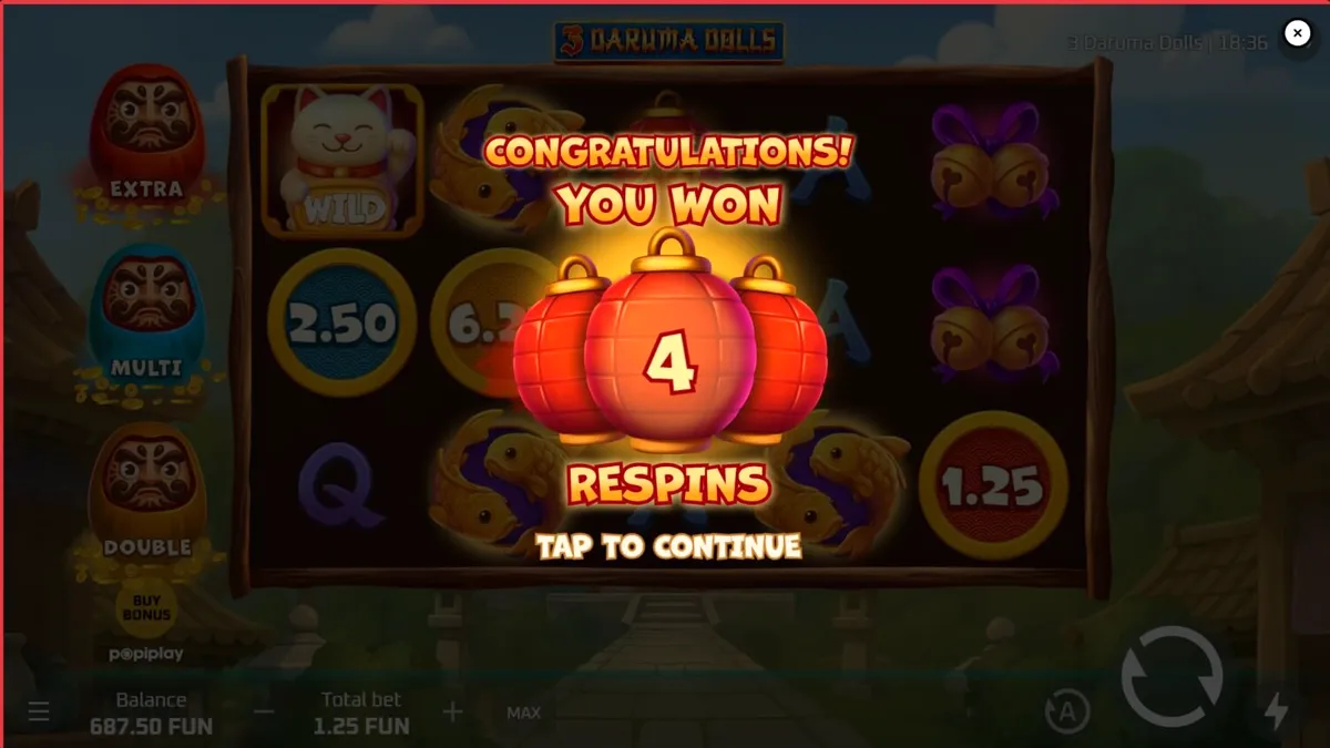 Tampilan visual slot 3 Daruma Dolls dengan latar belakang kuil Jepang yang mistis