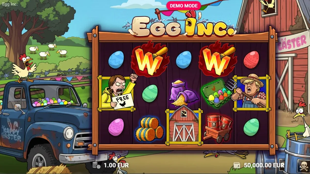 Tampilan visual slot Egg Inc. dengan tema peternakan kartun yang penuh warna