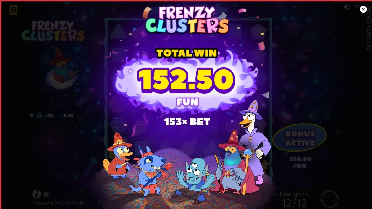 Frenzy Clusters slot grid dengan simbol alkimia berwarna-warni